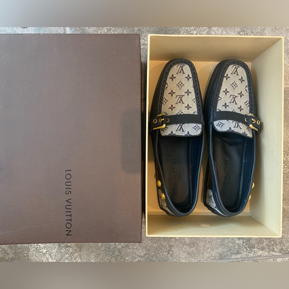 Louis Vuitton minimonogram fabric navy gold hardware vintage flats loafer 38.5 - Picture 11 of 12